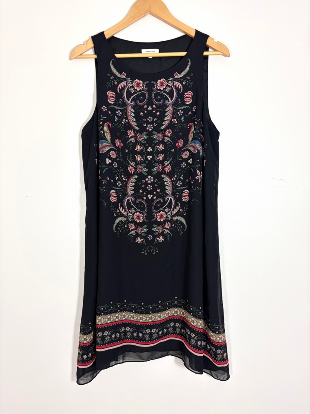 Max Studio Black Mini Dress with Pink & Green Floral Embroidery
